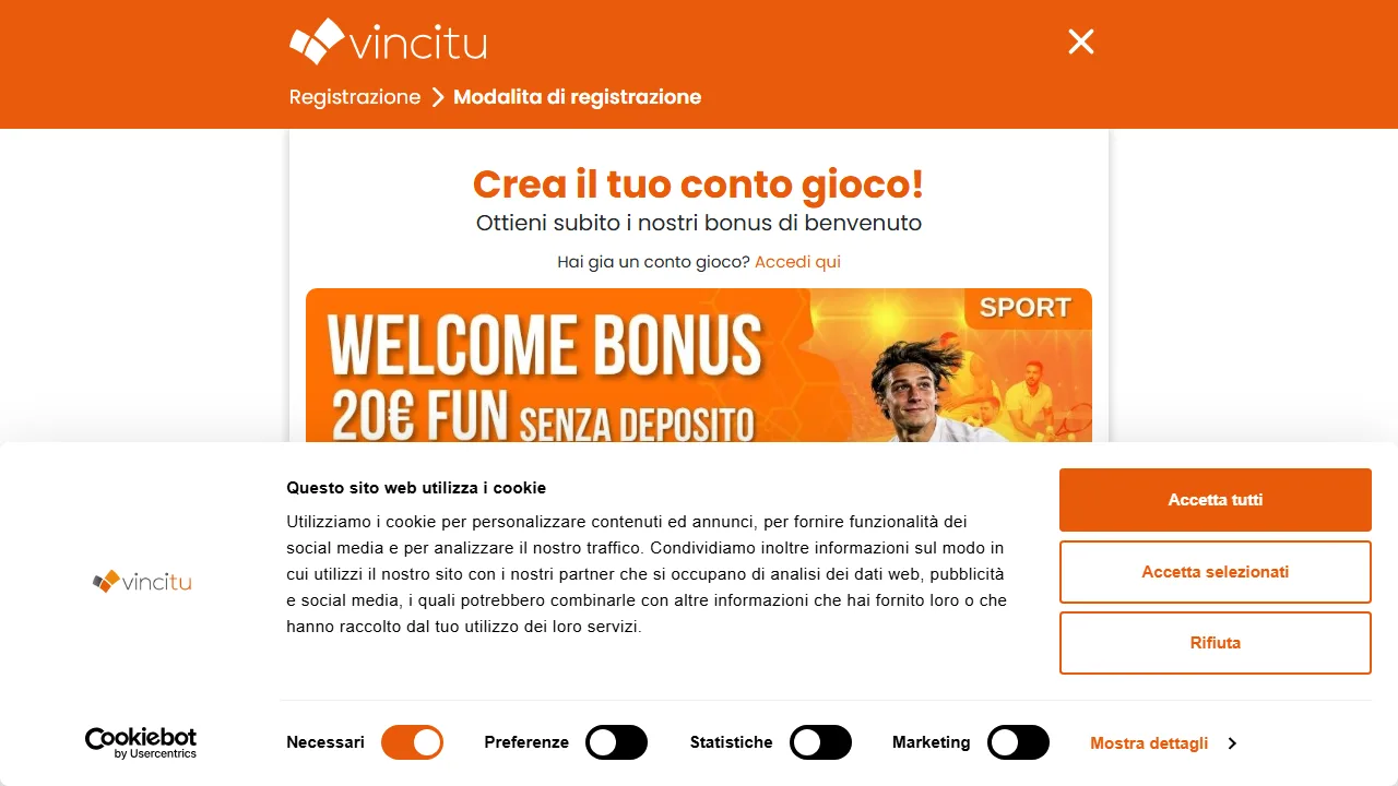 Il form di registrazione di vincitu