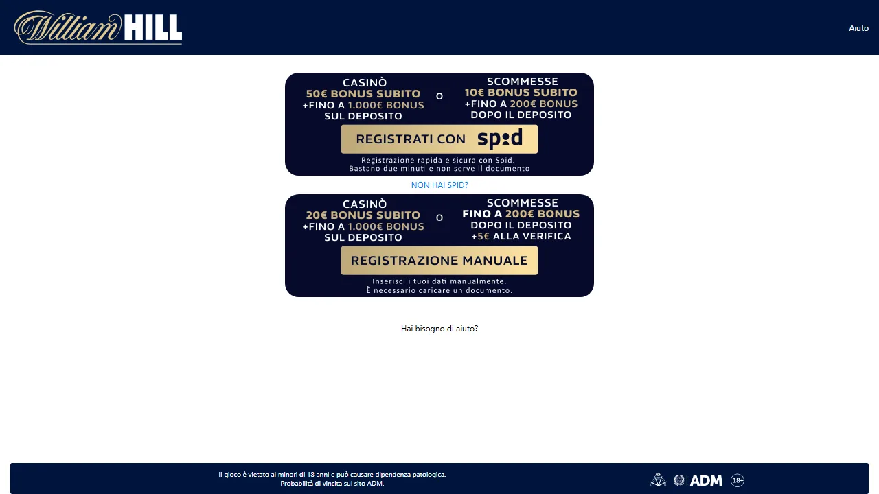 Il form di registrazione di william-hill