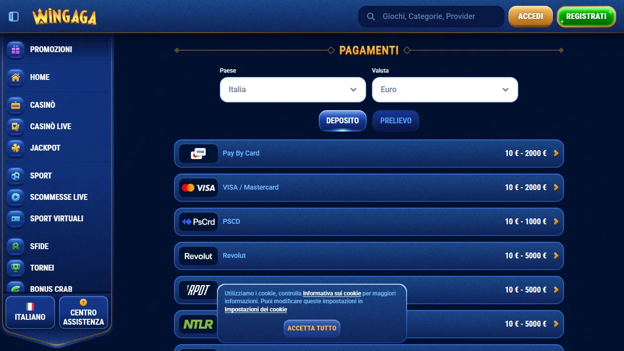 I metodi di pagamento di wingaga