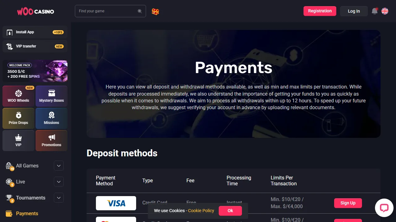 I metodi di pagamento di woocasino