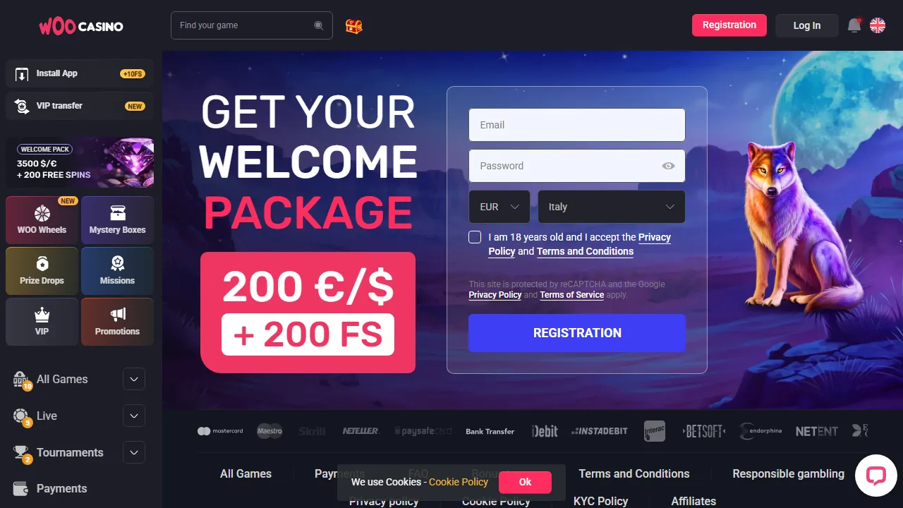 Il form di registrazione di woocasino